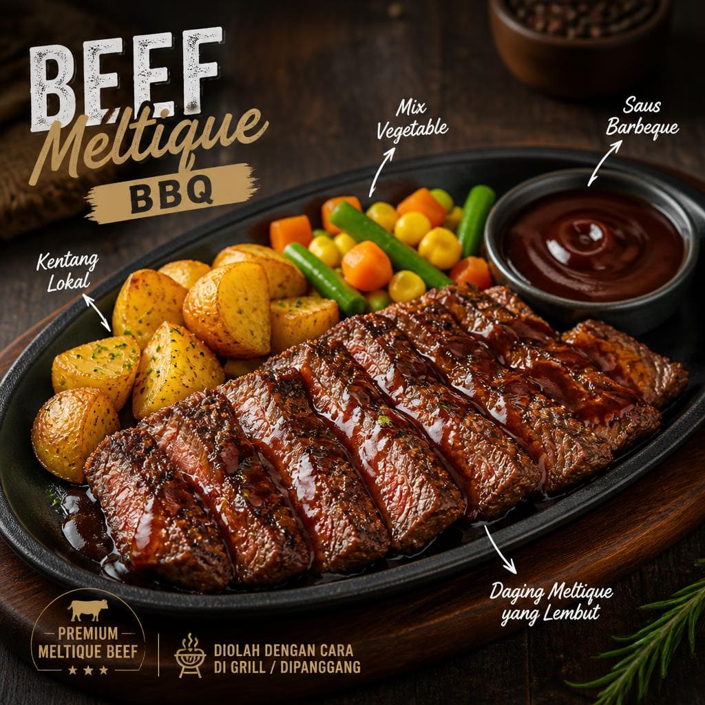 Beef Meltique BBQ dengan daging meltique lembut, kentang lokal, dan mix vegetable